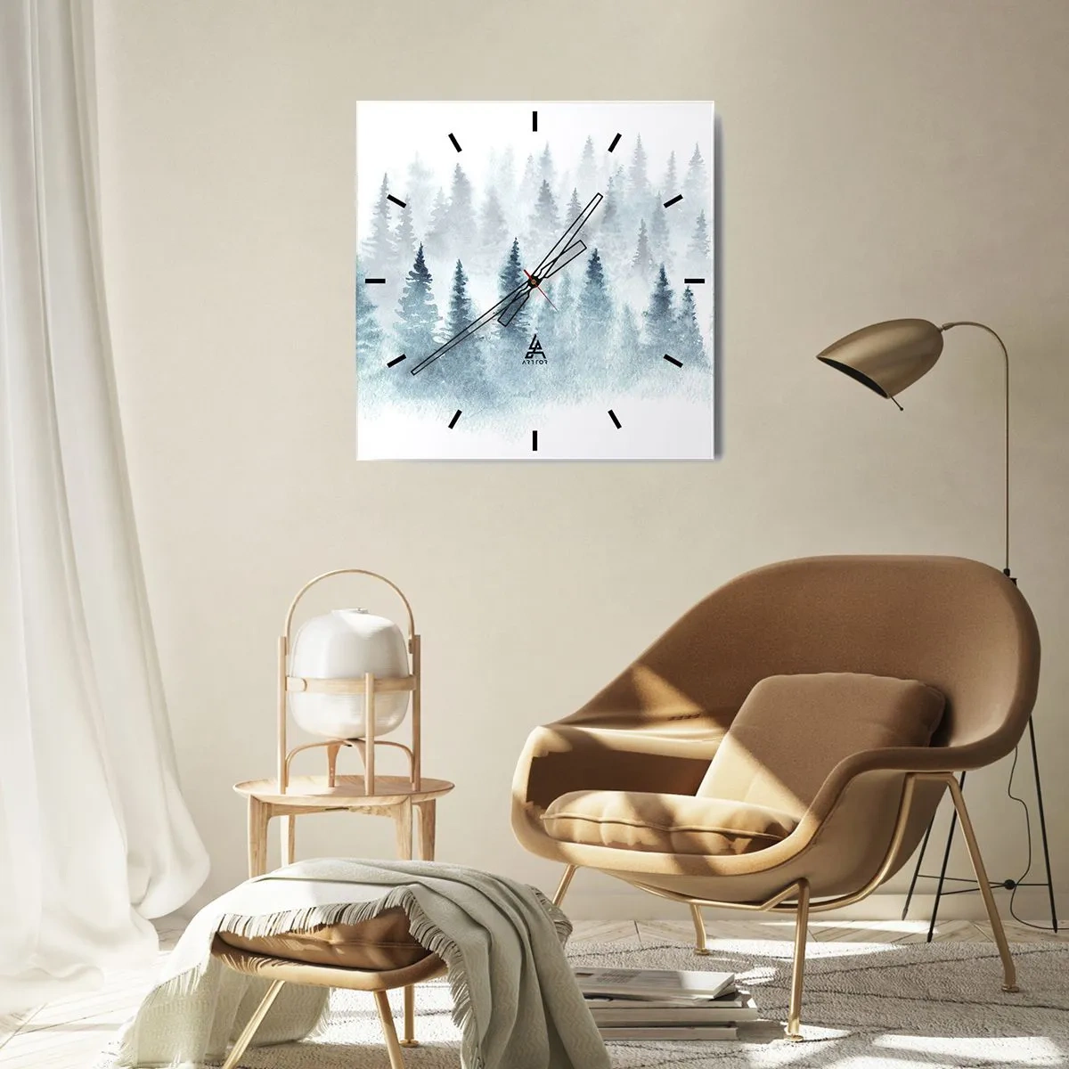 Reloj de pared - Reloj de vidrio - Bosques de coníferas bañados por una delicada niebla. - 30x30cm - Envuelto en la niebla - Decoración de pared moderna para salón y dormitorio ARTTOR