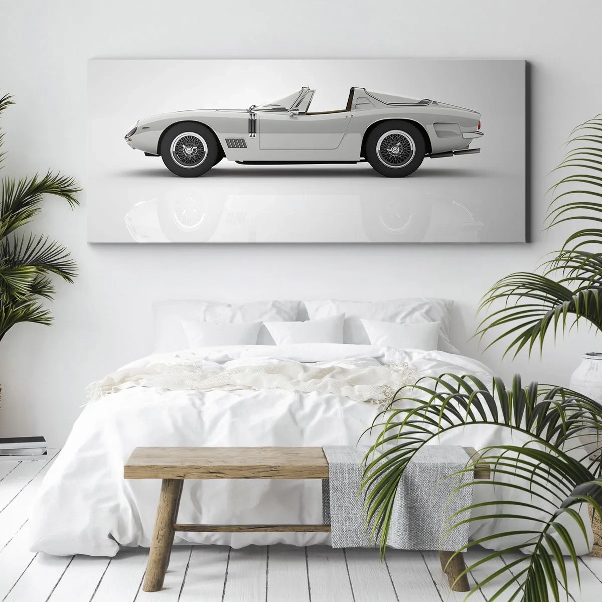 Cuadro sobre lienzo - Impresión de Imagen - Clásico convertible blanco sobre fondo claro. - 160x50cm - Una promesa de diversión - Decoración de pared moderna para salón y dormitorio ARTTOR