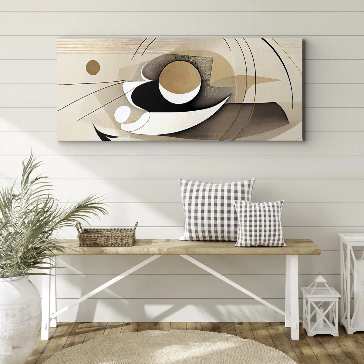 Cuadro sobre lienzo - Impresión de Imagen - Composición abstracta en tonos beige y negro. - 160x50cm - Composición: la esencia de las cosas - Decoración de pared moderna para salón y dormitorio ARTTOR