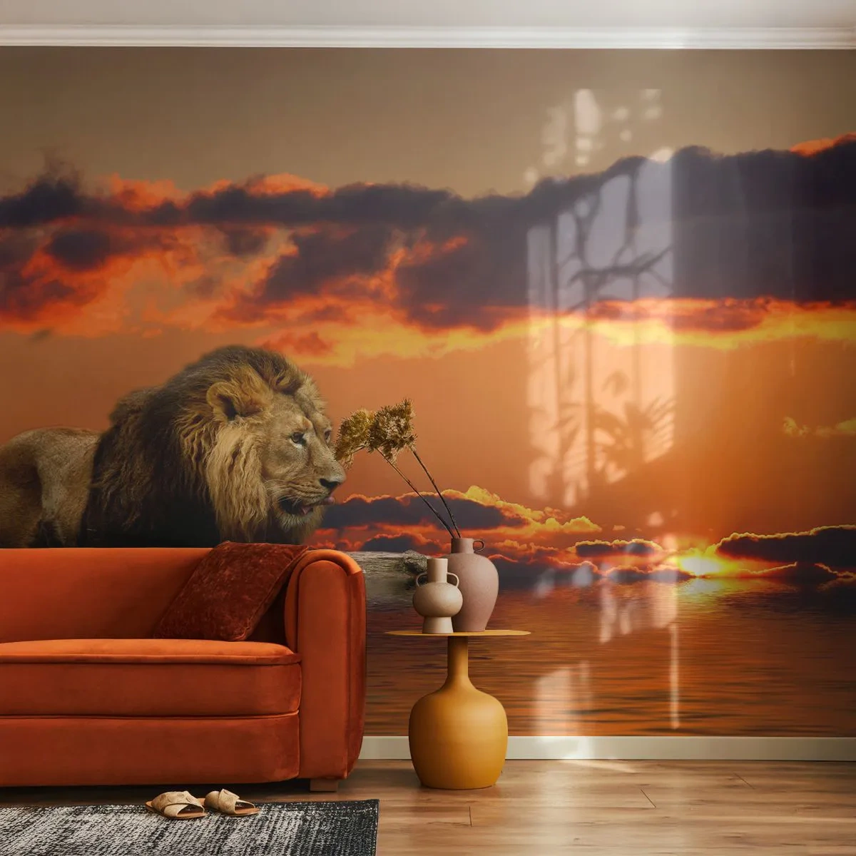 Fotomural Premium Sand - Rey de la naturaleza - León, Atardecer, animales - 150x105 cm