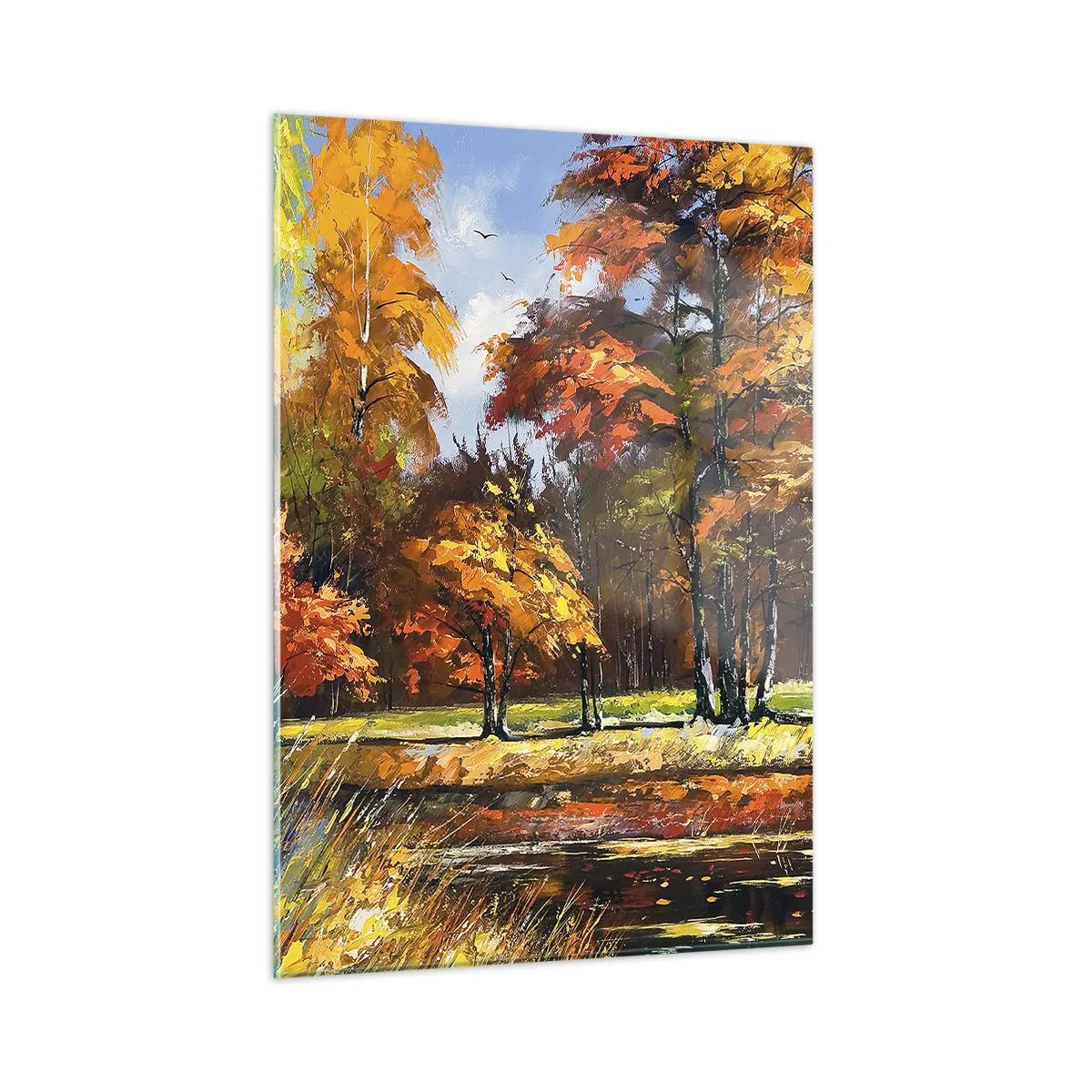 Cuadro sobre vidrio - Impresiones sobre Vidrio - Paisaje otoñal con árboles y reflejo en el agua. - 50x70cm - Paisaje en dorado y marrón - Decoración de pared moderna para salón y dormitorio ARTTOR