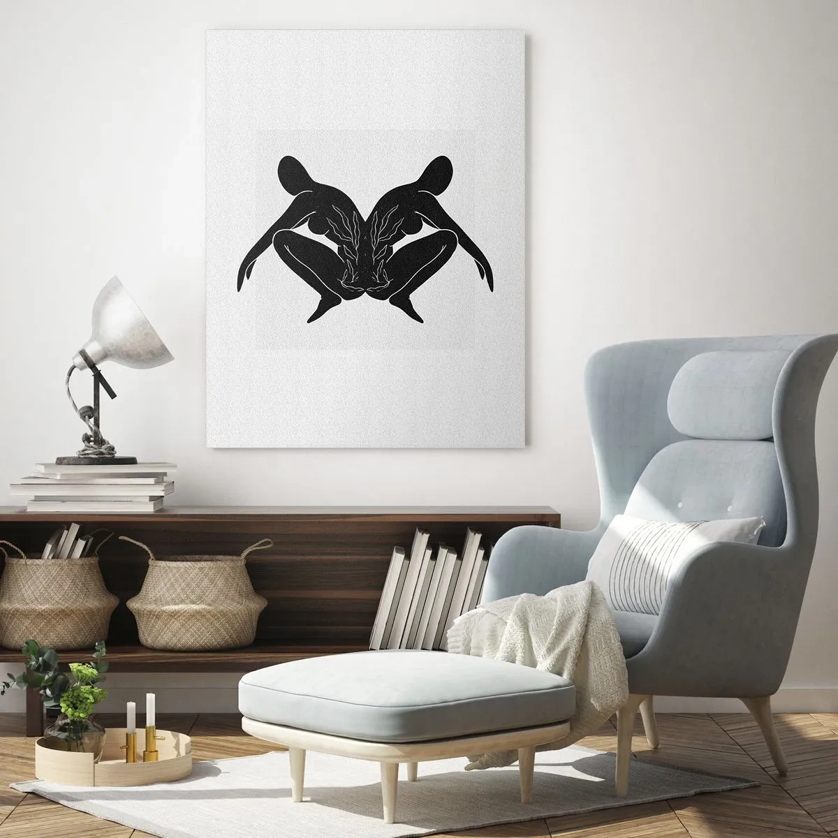 Cuadro sobre vidrio - Impresiones sobre Vidrio - Siluetas negras en posición simétrica sobre un fondo blanco. - 80x120cm - Un alma compartida - Decoración de pared moderna para salón y dormitorio ARTTOR