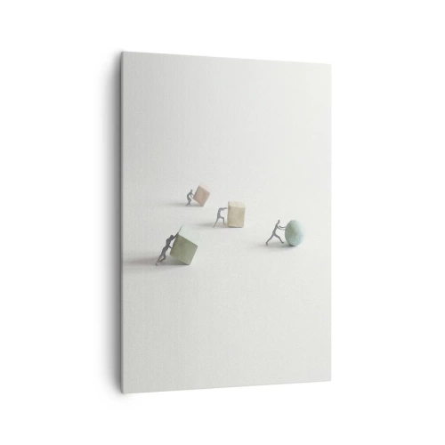 Cuadro sobre lienzo - Impresión de Imagen - Figuras en miniatura que empujan formas contra un fondo claro. - 70x100cm - El avance de la geometría - Decoración de pared moderna para salón y dormitorio ARTTOR