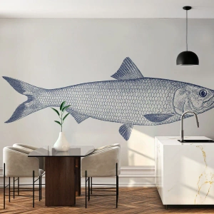 Fotomural Premium Sand - Dibujo de pez en estilo vintage sobre un fondo claro - 100x70cm - Saludos desde los mares del norte - Decoración de pared moderna para salón y dormitorio ARTTOR