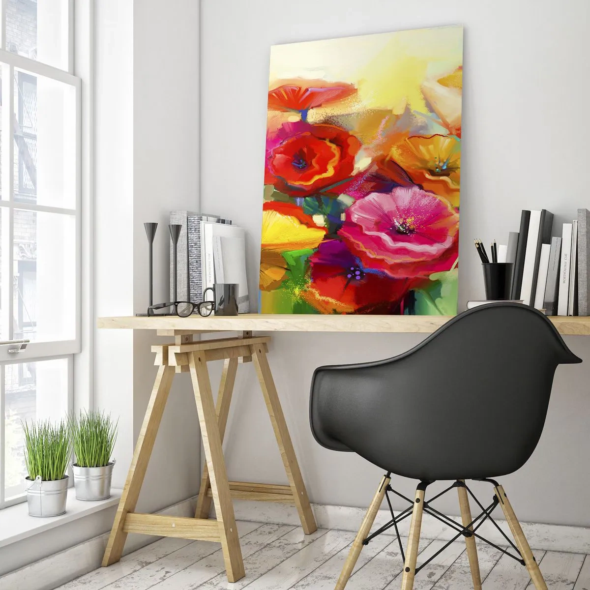Cuadro sobre vidrio - Impresiones sobre Vidrio - Flores abstractas coloridas sobre un fondo claro - 80x120cm - No solo rojo - Decoración de pared moderna para salón y dormitorio ARTTOR