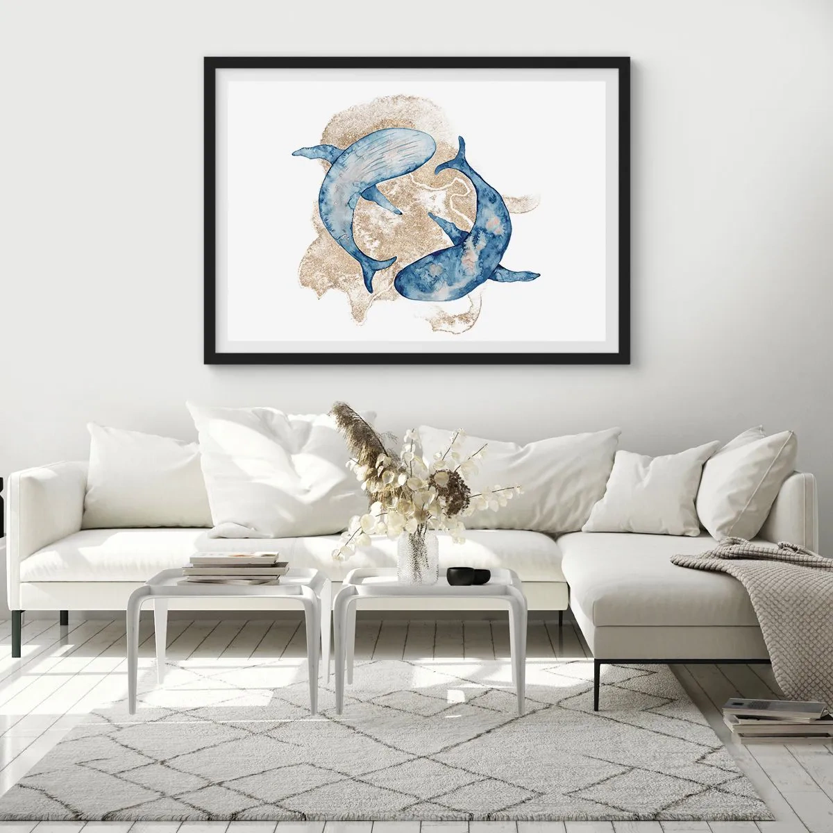 Póster en marco negro - Ballenas azules abstractas sobre un fondo claro - 100x70cm - ¿Amistad o amor? - Decoración de pared moderna para salón y dormitorio ARTTOR