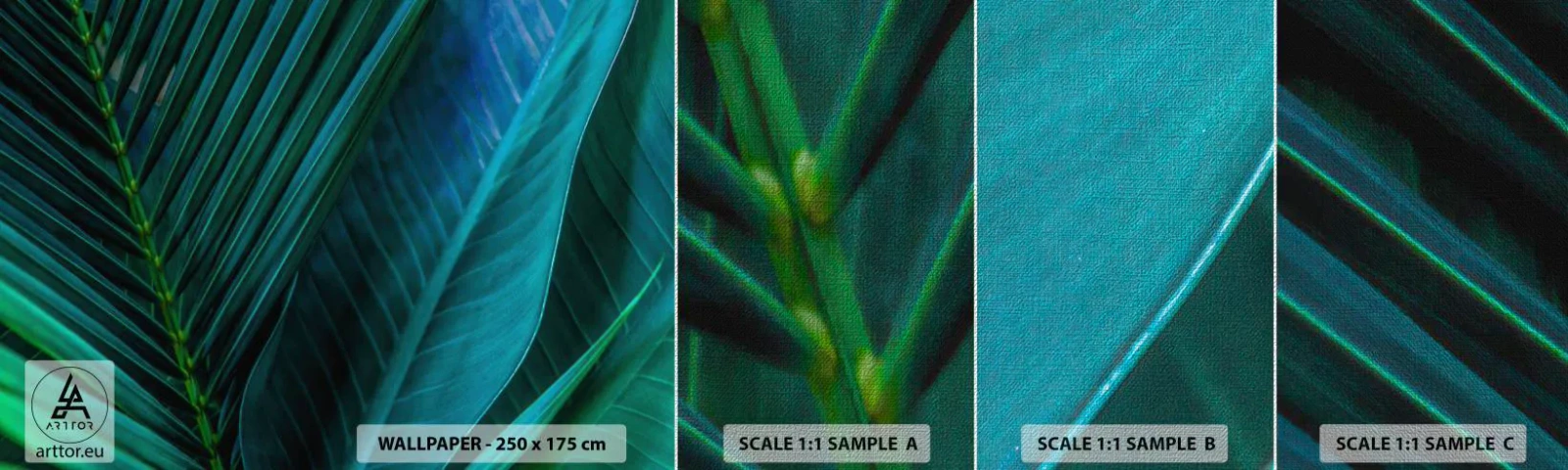 Muestra de fotomural Premium Canvas - Anatomía del verde - Hojas verdes, planta tropical, Naturaleza - 100x30 cm