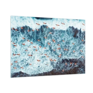Cuadro sobre vidrio - Impresiones sobre Vidrio - Flamencos rosados sobre las agitadas olas del océano - 100x70cm - Un desfile marítimo - Decoración de pared moderna para salón y dormitorio ARTTOR