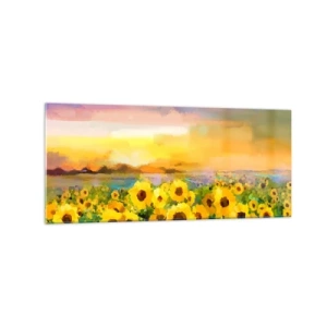 Cuadro sobre vidrio - Impresiones sobre Vidrio - Un campo de girasoles a la luz del sol poniente. - 120x50cm - El propio sol ha bajado a la Tierra - Decoración de pared moderna para salón y dormitorio ARTTOR