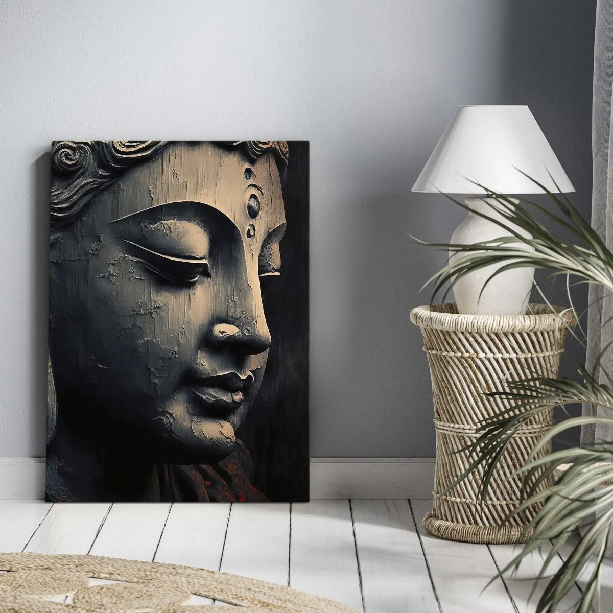 Cuadro sobre lienzo - Impresión de Imagen - Escultura de Buda con una flor de loto roja. - 70x100cm - En sintonía con el mundo - Decoración de pared moderna para salón y dormitorio ARTTOR