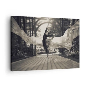 Cuadro sobre lienzo - Impresión de Imagen - Una bailarina con un vestido fluido realiza un salto frente a un jardín en blanco y negro como telón de fondo. - 70x50cm - Danza del espíritu del jardín