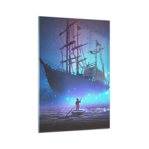Cuadro sobre vidrio - Impresiones sobre Vidrio - Un barco fantástico contra el cielo estrellado. - 70x100cm - El encuentro con el mito del mar - Decoración de pared moderna para salón y dormitorio ARTTOR