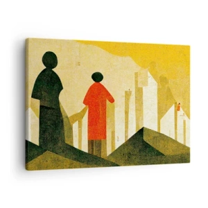 Cuadro sobre lienzo - Impresión de Imagen - Siluetas geométricas en rojo y verde sobre un fondo amarillo. - 70x50cm - Todavía lejos del destino - Decoración de pared moderna para salón y dormitorio ARTTOR