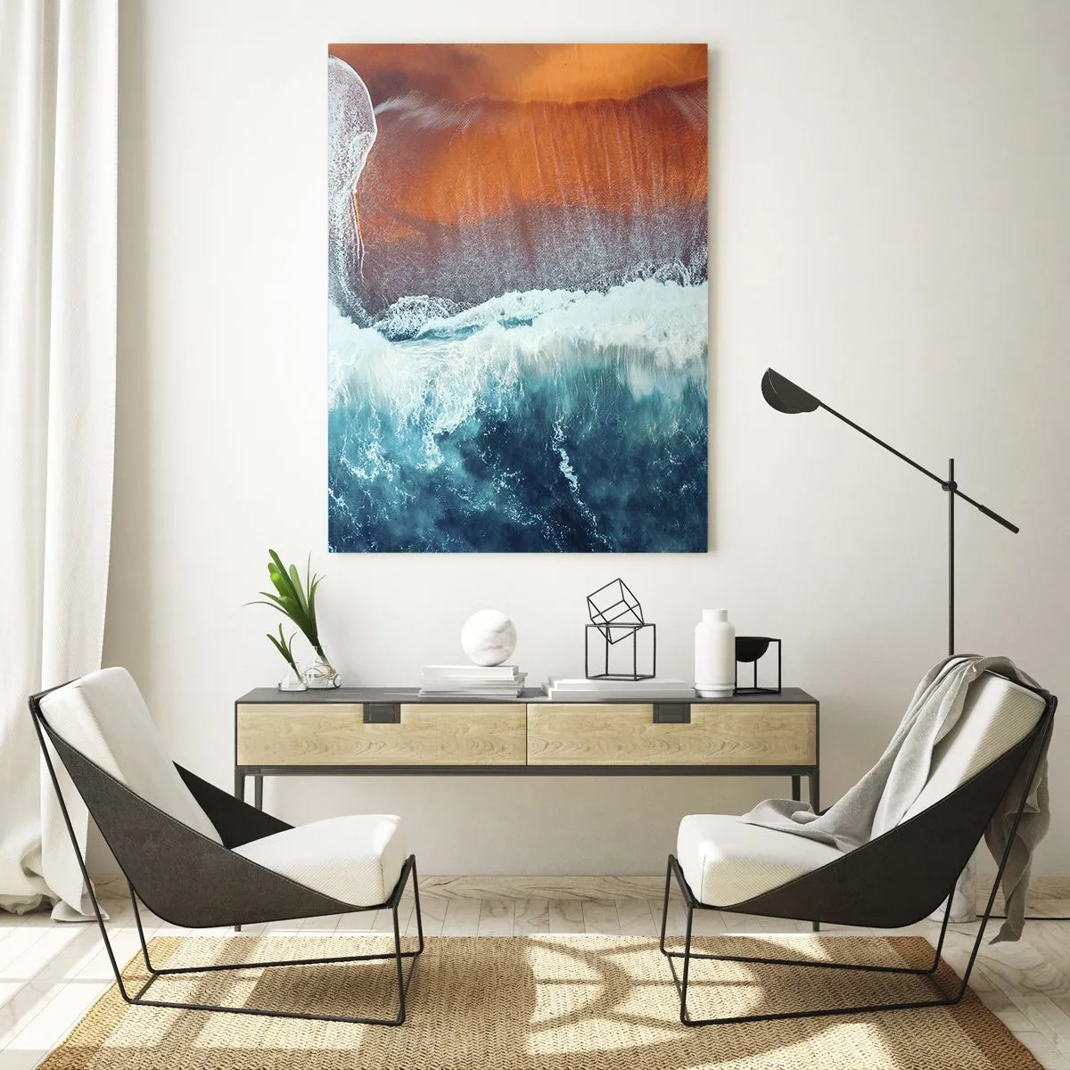 Cuadro sobre vidrio - Impresiones sobre Vidrio - Una vista de las olas del océano rompiendo en la playa dorada. - 80x120cm - Un toque de océano - Decoración de pared moderna para salón y dormitorio ARTTOR