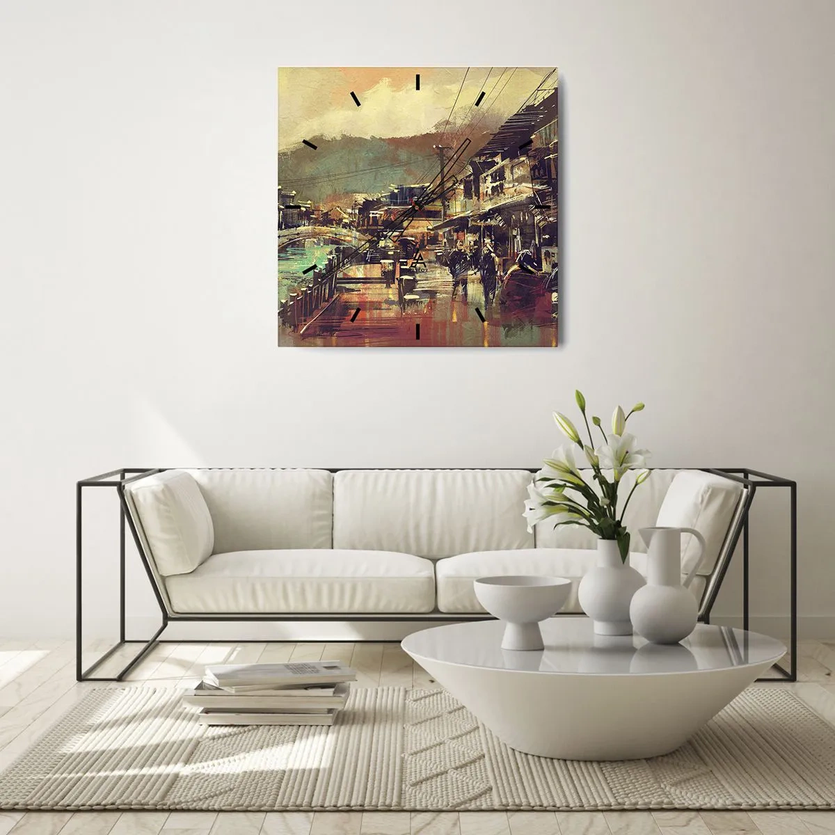 Reloj de pared - Reloj de vidrio - Un pueblo con un puente y calles de estilo artístico. - 30x30cm - La vida como riqueza de grises - Decoración de pared moderna para salón y dormitorio ARTTOR