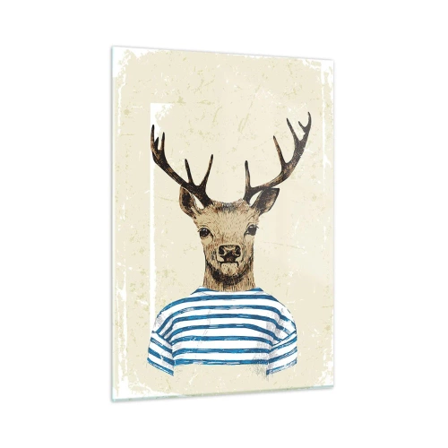 Cuadro sobre vidrio - Impresiones sobre Vidrio - Gráfico de un ciervo con camisa de marinero sobre un fondo claro. - 50x70cm - Porque me gustan las camisas de rayas - Decoración de pared moderna para salón y dormitorio ARTTOR