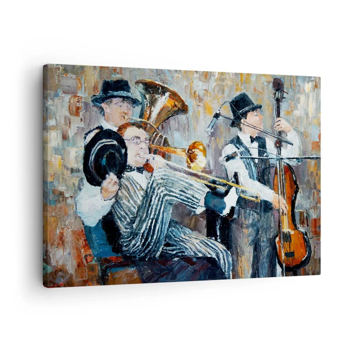 Cuadro sobre lienzo - Impresión de Imagen - Músicos de jazz en estilo pictórico durante un concierto. - 70x50cm - Todo ese jazz - Decoración de pared moderna para salón y dormitorio ARTTOR