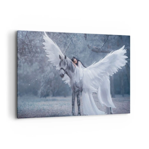 Cuadro sobre lienzo - Impresión de Imagen - Una mujer en un caballo blanco con alas en un bosque mágico. - 120x80cm - Un momento de inspiración - Decoración de pared moderna para salón y dormitorio ARTTOR