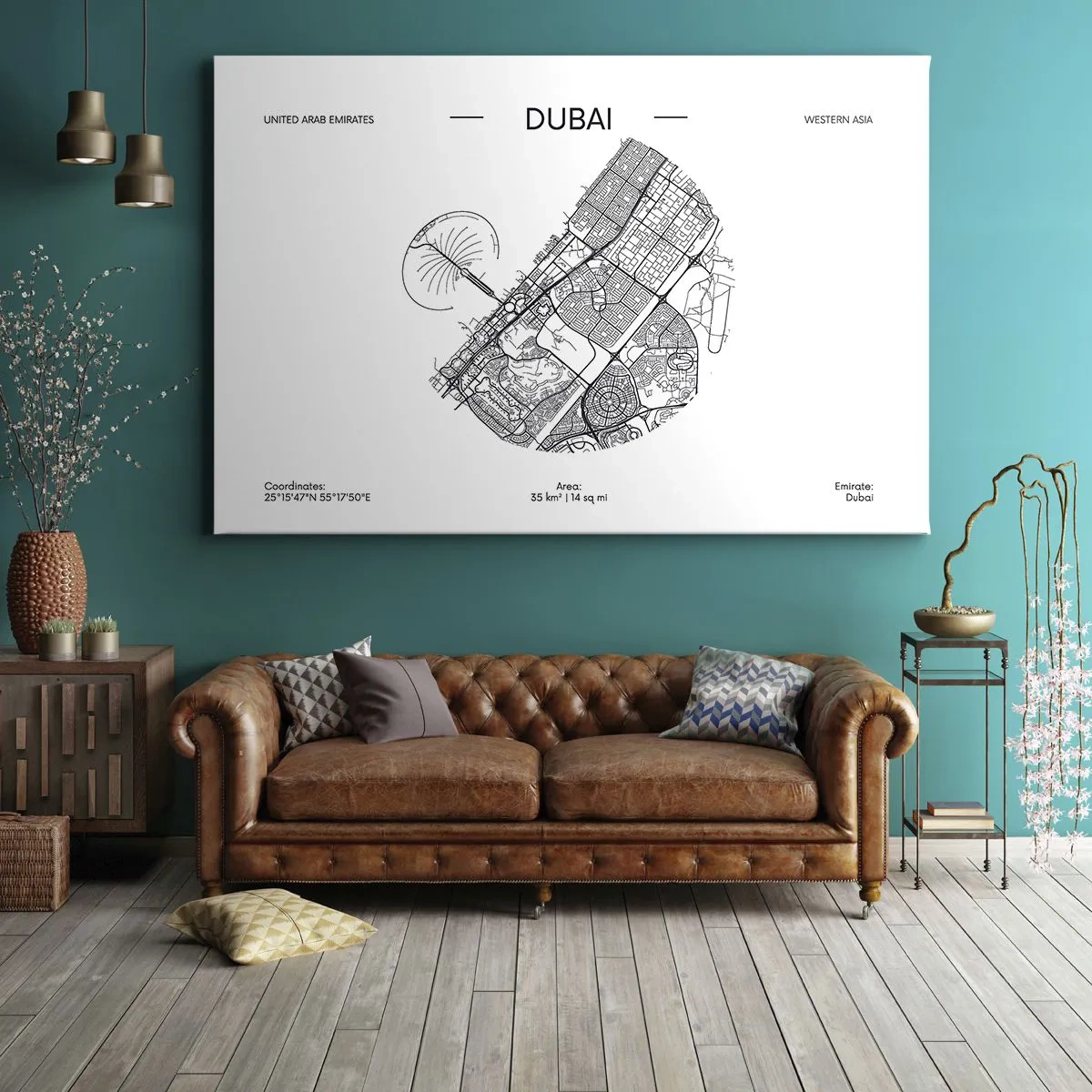 Cuadro sobre lienzo - Impresión de Imagen - Un mapa minimalista en blanco y negro de Dubái con marcas de ubicación. - 70x50cm - Anatomía de Dubái - Decoración de pared moderna para salón y dormitorio ARTTOR