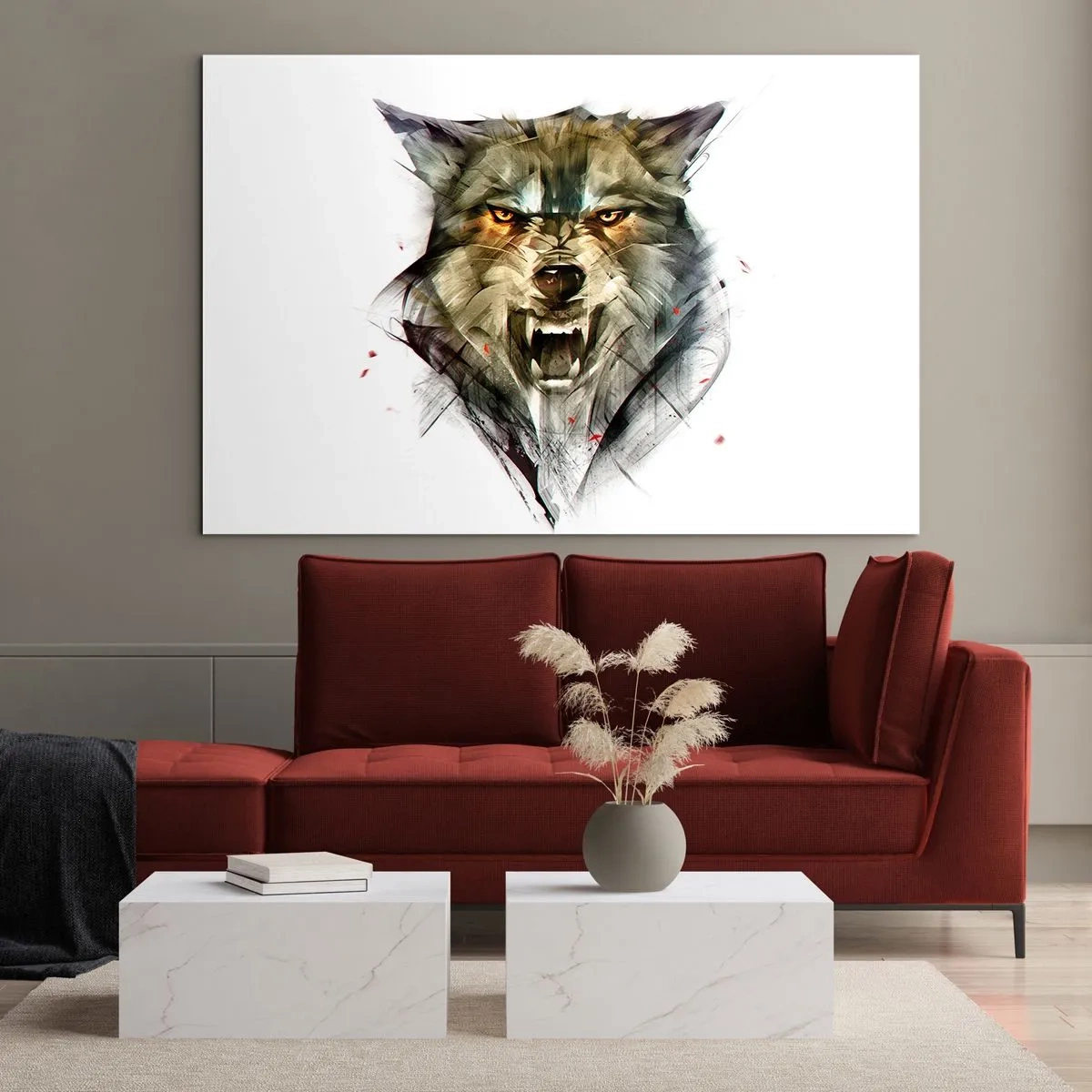 Cuadro sobre vidrio - Impresiones sobre Vidrio - Un gráfico de un lobo amenazante con la boca abierta y una mirada intensa. - 120x80cm - ¡No te muevas! - Decoración de pared moderna para salón y dormitorio ARTTOR