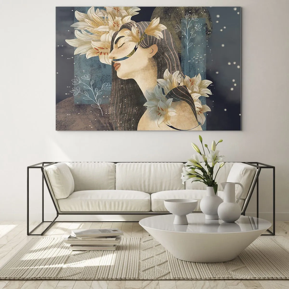 Cuadro sobre vidrio - Impresiones sobre Vidrio - Una figura femenina con lirios en estilo de cuento de hadas. - 120x80cm - Cuento de princesa con lirios - Decoración de pared moderna para salón y dormitorio ARTTOR