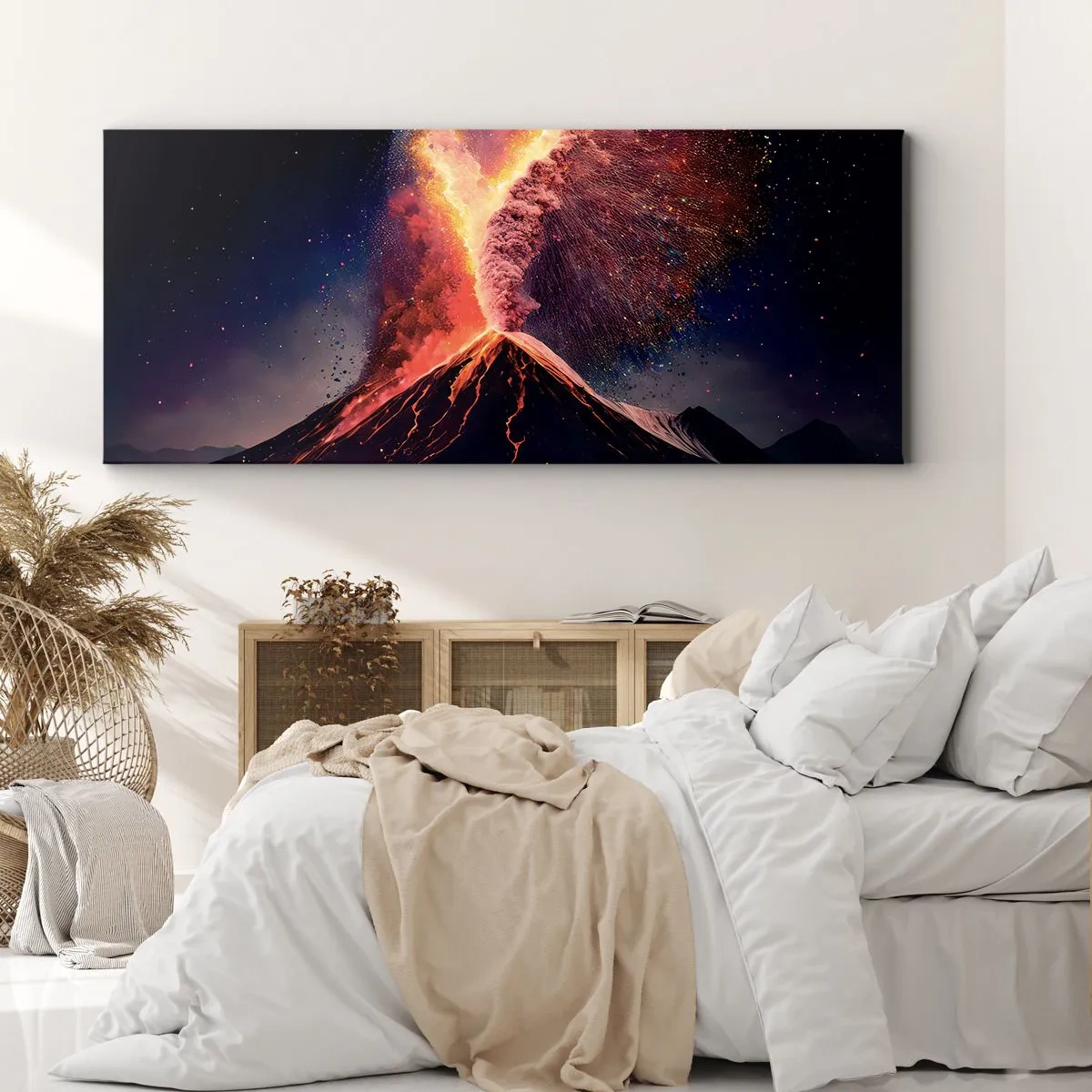 Cuadro sobre lienzo - Impresión de Imagen - Una erupción volcánica única por la noche con colores dinámicos. - 120x50cm - Belleza y horror - Decoración de pared moderna para salón y dormitorio ARTTOR