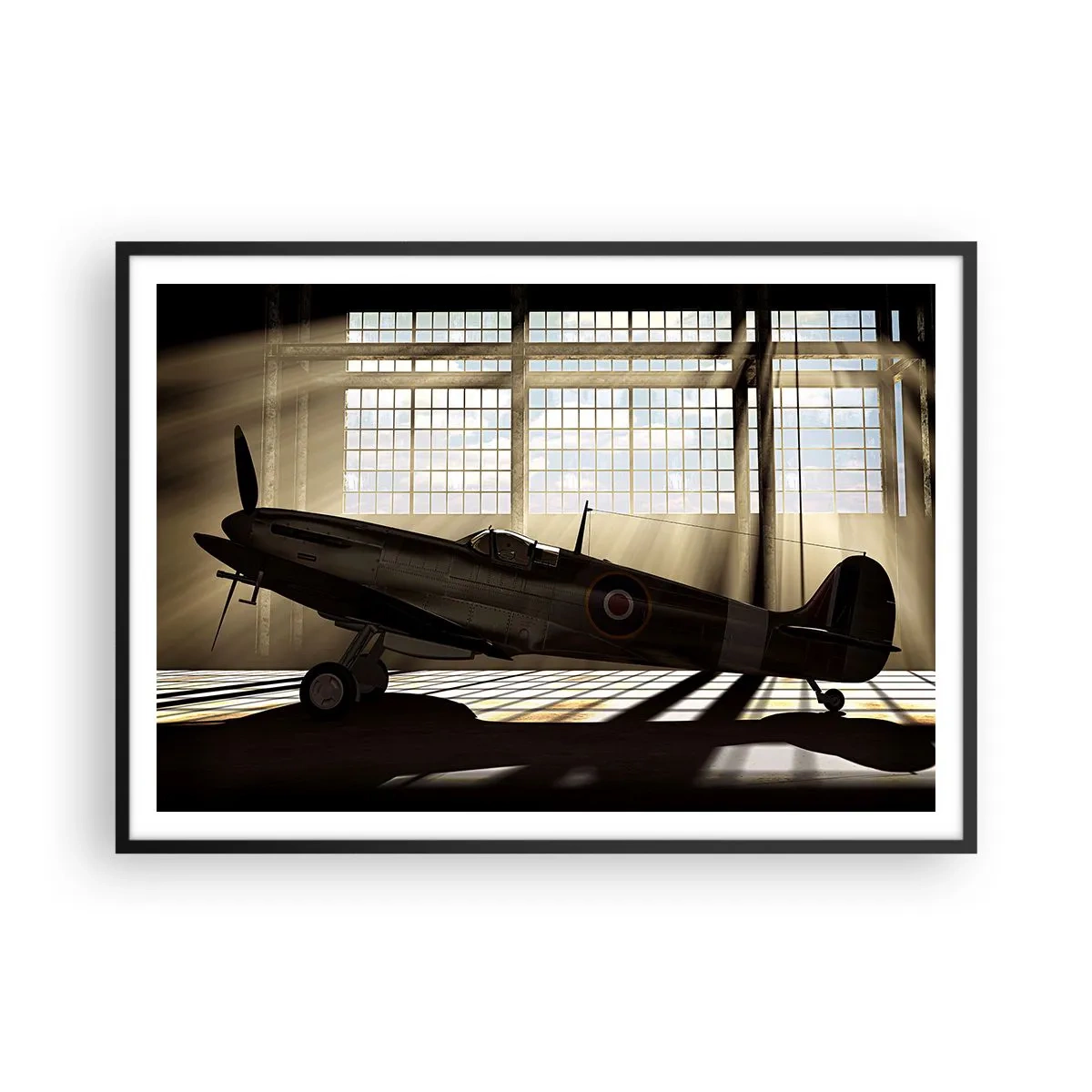 Póster en marco negro - Un avión histórico en un hangar iluminado por la luz del sol. - 100x70cm - El descanso del guerrero - Decoración de pared moderna para salón y dormitorio ARTTOR