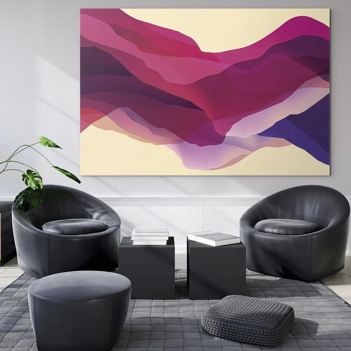 Cuadro sobre vidrio - Impresiones sobre Vidrio - Ondas abstractas en tonos morados y rosas sobre un fondo claro. - 70x50cm - Ondas púrpuras - Decoración de pared moderna para salón y dormitorio ARTTOR