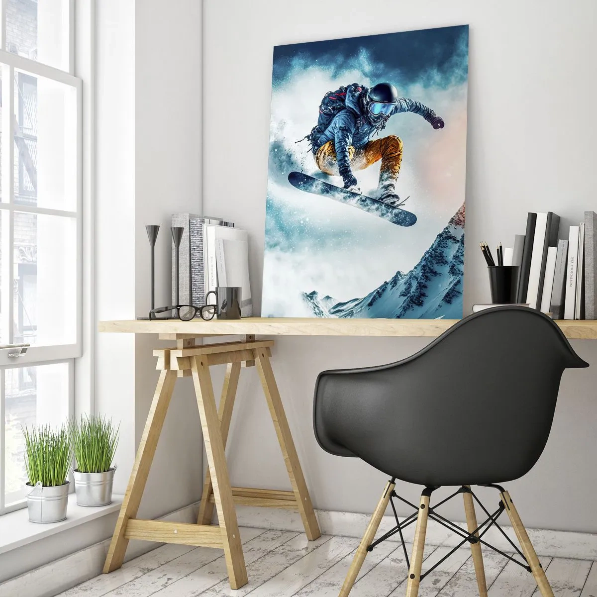 Cuadro sobre vidrio - Impresiones sobre Vidrio - Un snowboarder vuela sobre montañas nevadas. - 70x100cm - Emociones extremas - Decoración de pared moderna para salón y dormitorio ARTTOR