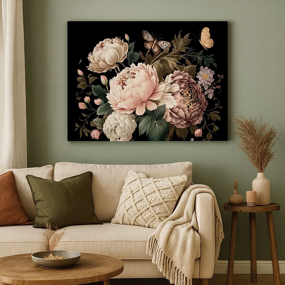 Cuadro sobre lienzo - Impresión de Imagen - Un ramo de flores rosas y mariposas sobre un fondo negro. - 70x50cm - En estilo barroco - Decoración de pared moderna para salón y dormitorio ARTTOR