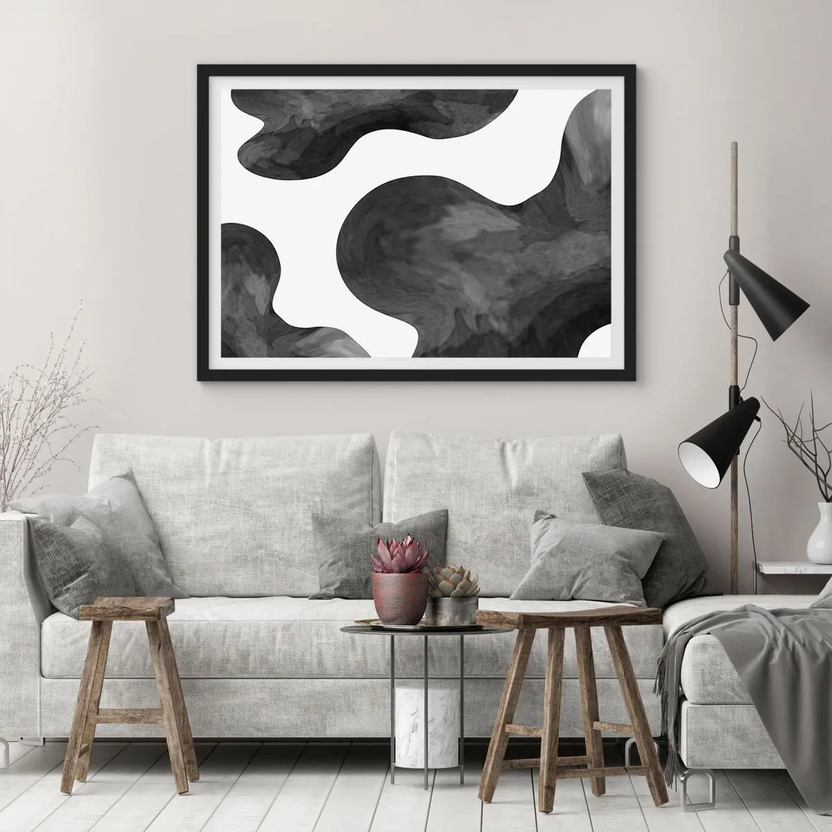 Póster en marco negro - Patrón abstracto en tonos de gris y blanco. - 70x50cm - El blanco fluye sobre el negro - Decoración de pared moderna para salón y dormitorio ARTTOR