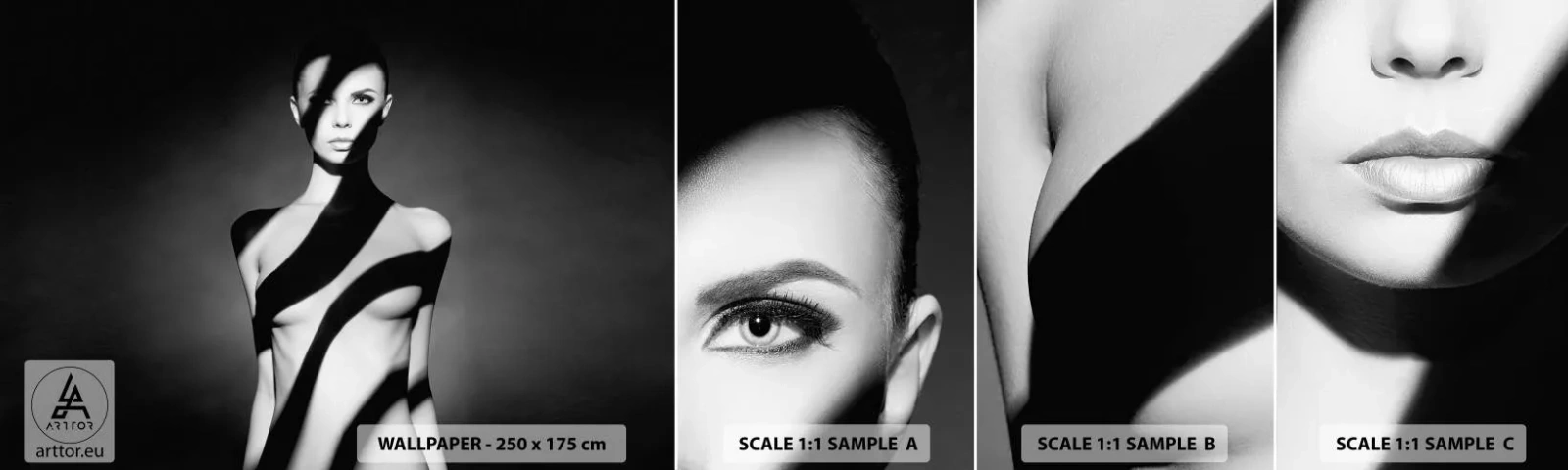 Muestra de fotomural autoadhesivo Deluxe Sticker - En la luz y en la sombra - Mujer, Cuerpo, Pedazo - 100x30 cm