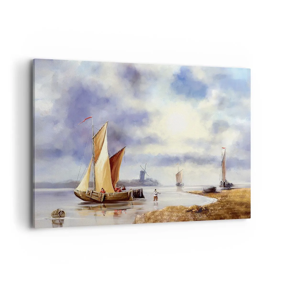 Cuadro sobre lienzo - Impresión de Imagen - Veleros en aguas tranquilas con molinos de viento al fondo - 120x80cm - El regreso de los marineros - Decoración de pared moderna para salón y dormitorio ARTTOR