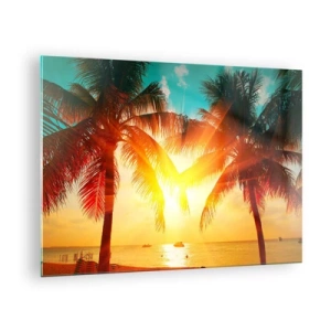 Cuadro sobre vidrio - Impresiones sobre Vidrio - Palmeras iluminadas por el sol sobre una playa tropical - 70x50cm - Pareja exótica - Decoración de pared moderna para salón y dormitorio ARTTOR