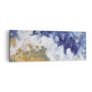 Cuadro sobre lienzo - Impresión de Imagen - Abstracción en tonos azules, blancos y dorados. - 140x50cm - Danza de los elementos - Decoración de pared moderna para salón y dormitorio ARTTOR