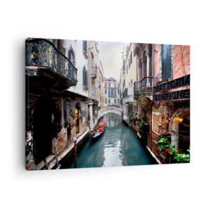Cuadro sobre lienzo - Impresión de Imagen - Un canal en Venecia con una góndola y edificios históricos. - 70x50cm - Paisaje veneciano con góndola y puente - Decoración de pared moderna para salón y dormitorio ARTTOR