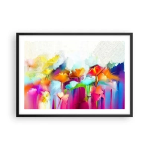 Póster en marco negro - Flores abstractas de colores sobre un fondo claro - 70x50cm - Un arco iris ha florecido - Decoración de pared moderna para salón y dormitorio ARTTOR