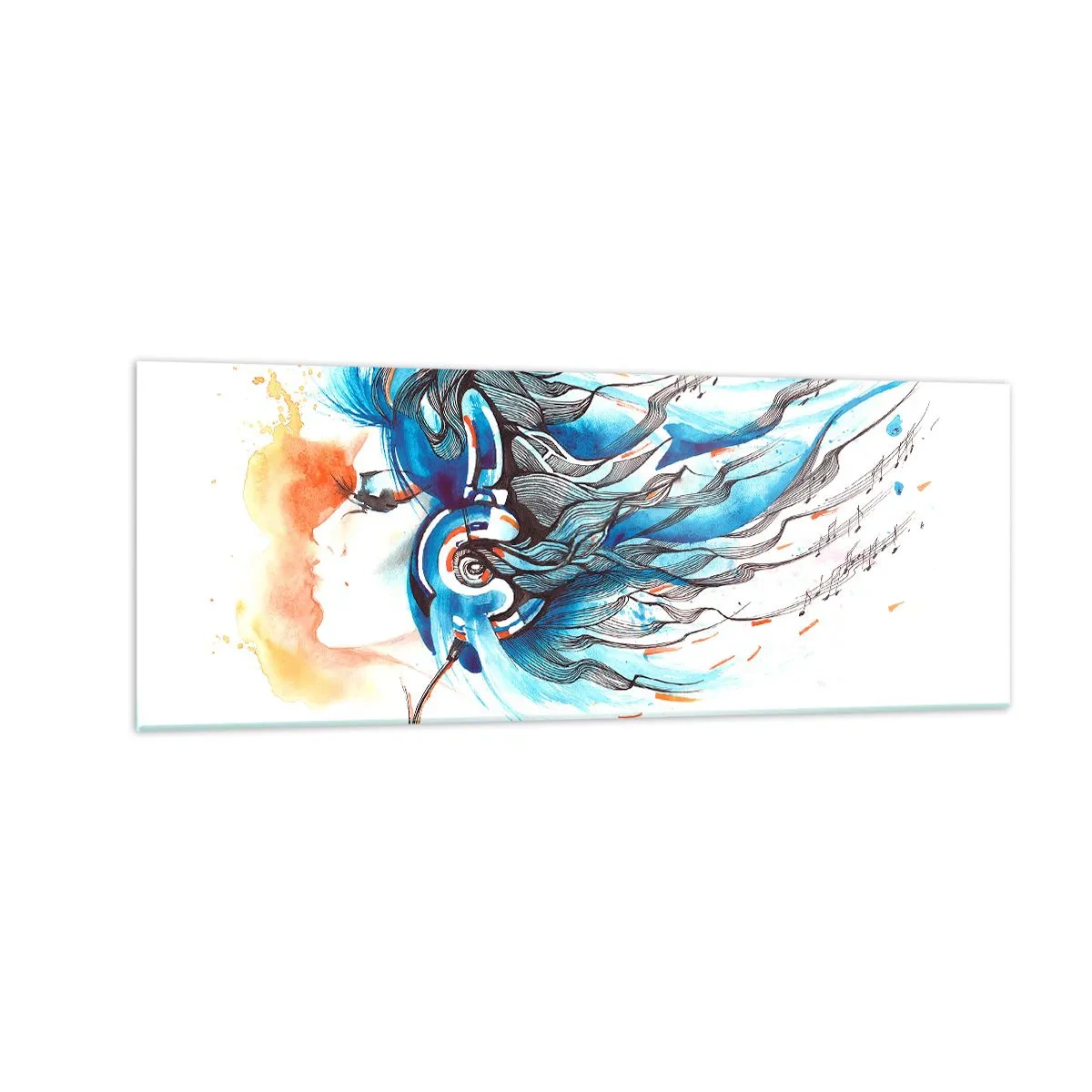 Cuadro sobre vidrio - Impresiones sobre Vidrio - Gráfico artístico de una mujer con auriculares con acentos musicales. - 140x50cm - Que suene la música - Decoración de pared moderna para salón y dormitorio ARTTOR