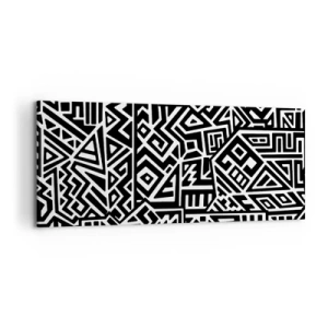 Cuadro sobre lienzo - Impresión de Imagen - Patrones geométricos en blanco y negro inspirados en la cultura precolombina. - 120x50cm - Composición precolombina - Decoración de pared moderna para salón y dormitorio ARTTOR