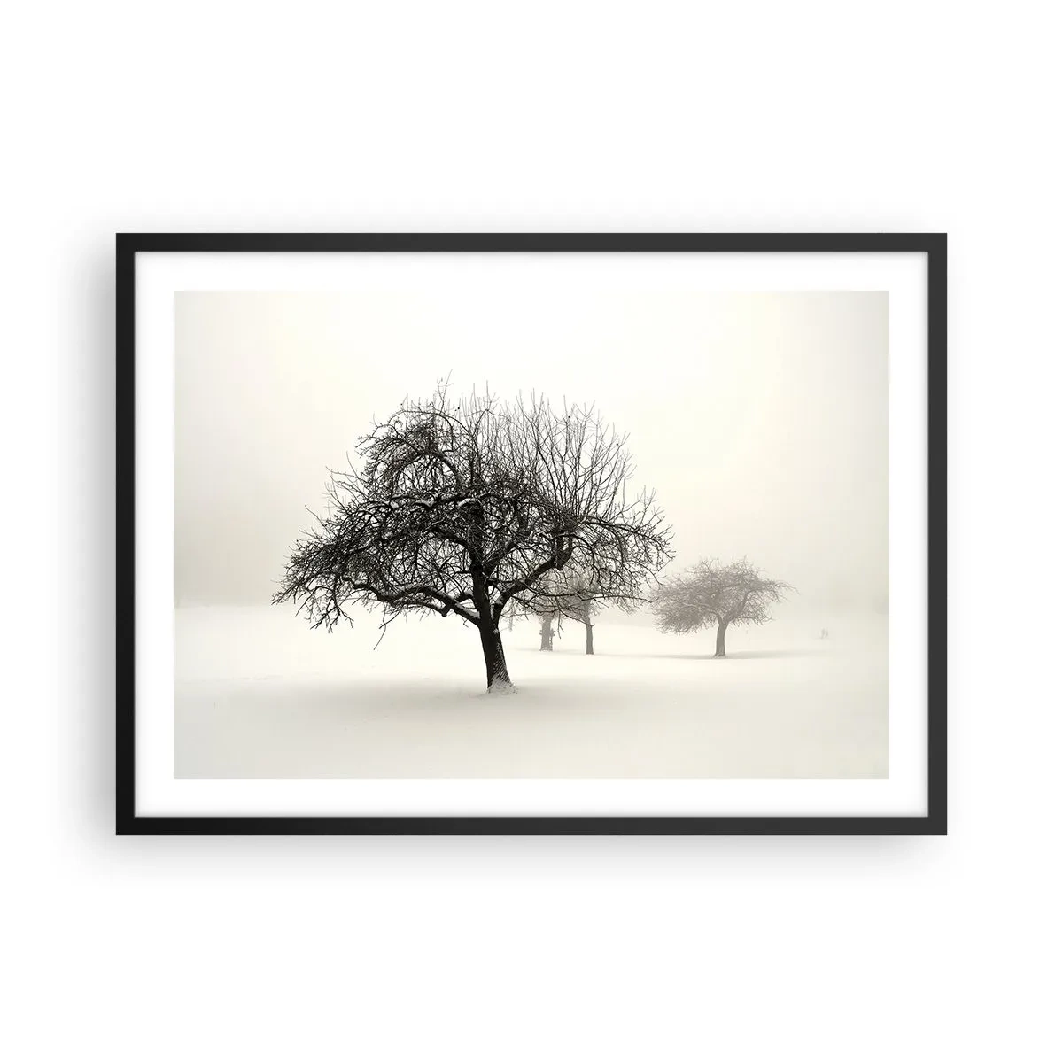 Póster en marco negro - Árboles en un campo cubierto de nieve rodeado de niebla. - 70x50cm - Sueño de invierno - Decoración de pared moderna para salón y dormitorio ARTTOR