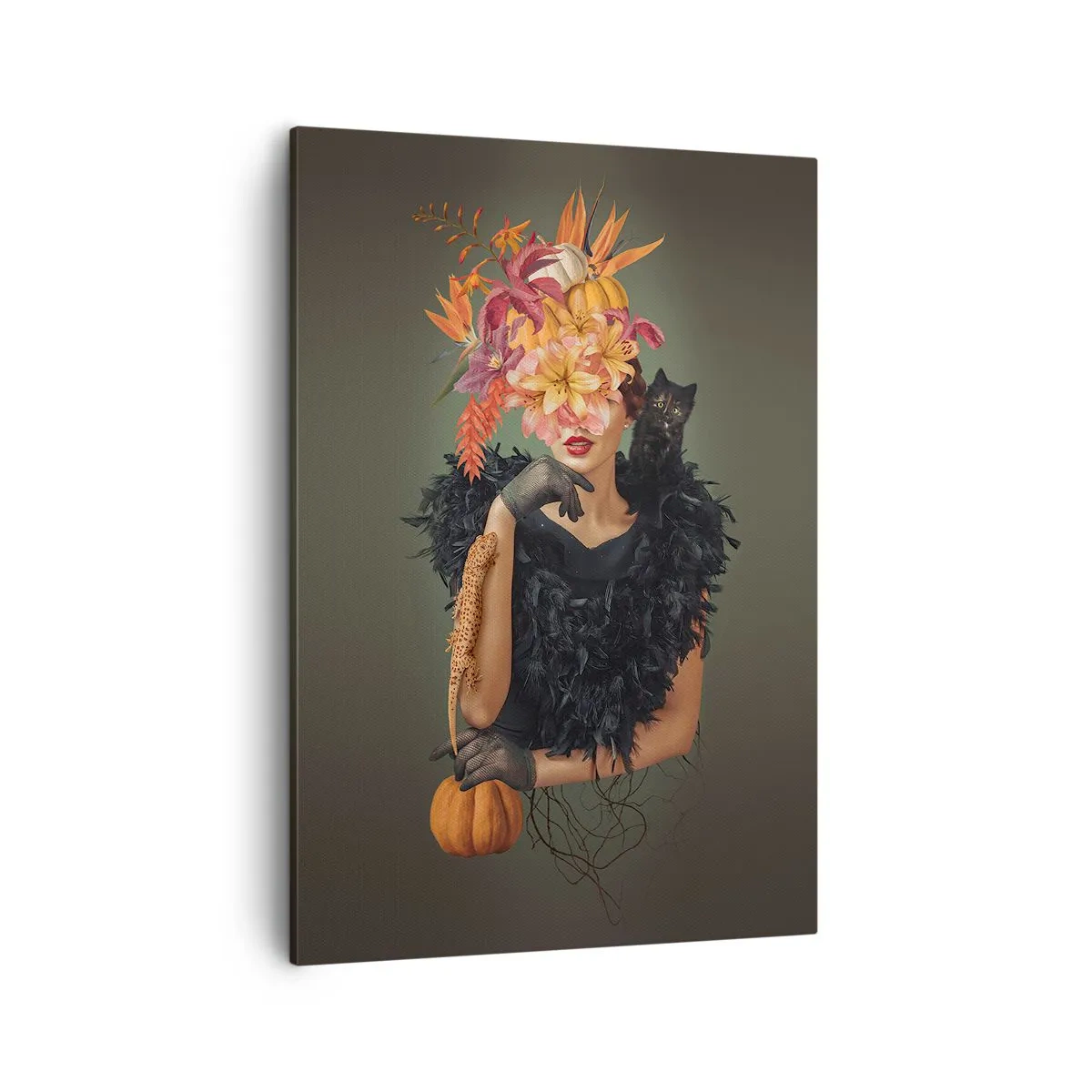 Cuadro sobre lienzo - Impresión de Imagen - Retrato de una mujer con motivos otoñales y un gato. - 50x70cm - Hechizo de bruja - Decoración de pared moderna para salón y dormitorio ARTTOR