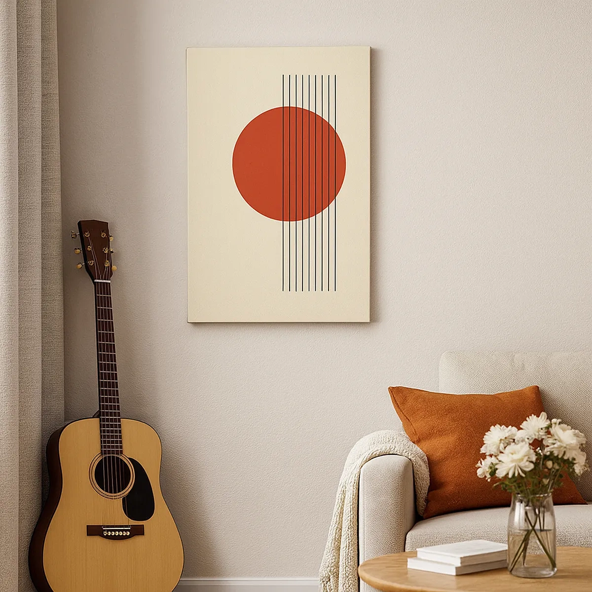 Cuadro sobre lienzo - Impresión de Imagen - Círculo rojo abstracto con líneas sobre fondo beige. - 50x70cm - Cruzando el círculo - Decoración de pared moderna para salón y dormitorio ARTTOR