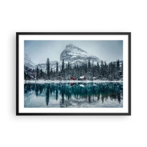Póster en marco negro - Paisaje invernal con cabañas en el bosque junto a un lago congelado - 70x50cm - Retiro canadiense - Decoración de pared moderna para salón y dormitorio ARTTOR