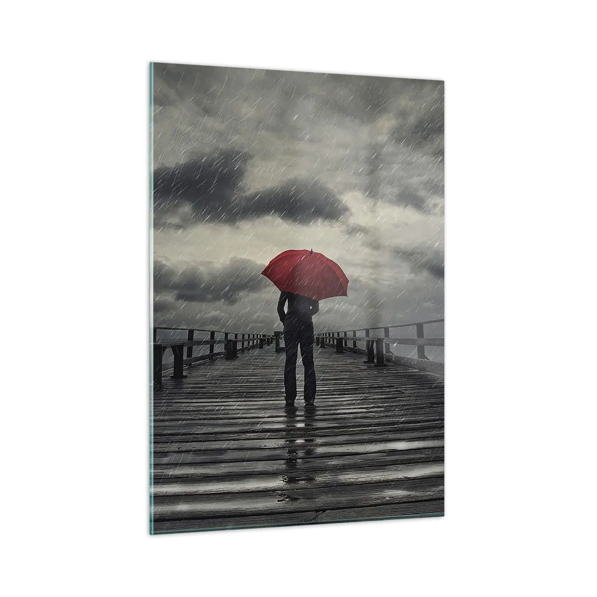 Cuadro sobre vidrio - Impresiones sobre Vidrio - Un hombre con un paraguas rojo en un muelle de madera bajo la lluvia. - 50x70cm - No importa que llueva - Decoración de pared moderna para salón y dormitorio ARTTOR