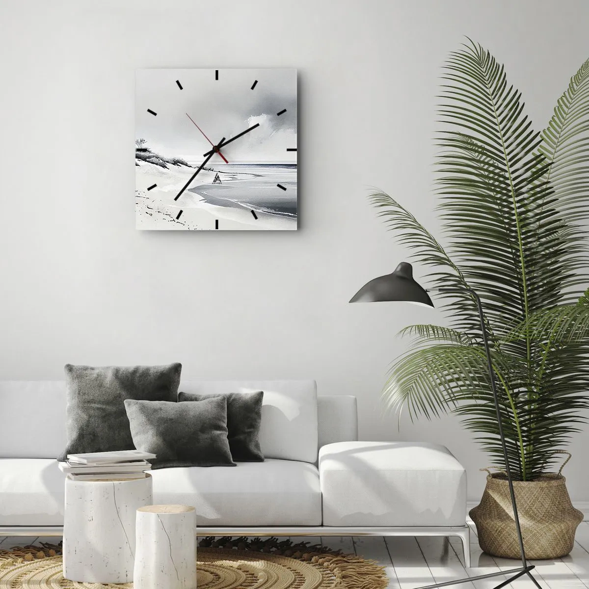 Reloj de pared - Reloj de vidrio - Una playa en tonos tenues de gris y azul. - 30x30cm - Juntos desde el principio de los tiempos - Decoración de pared moderna para salón y dormitorio ARTTOR
