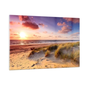 Cuadro sobre vidrio - Impresiones sobre Vidrio - Playa con dunas al atardecer - 120x80cm - Se siente la brisa veraniega - Decoración de pared moderna para salón y dormitorio ARTTOR