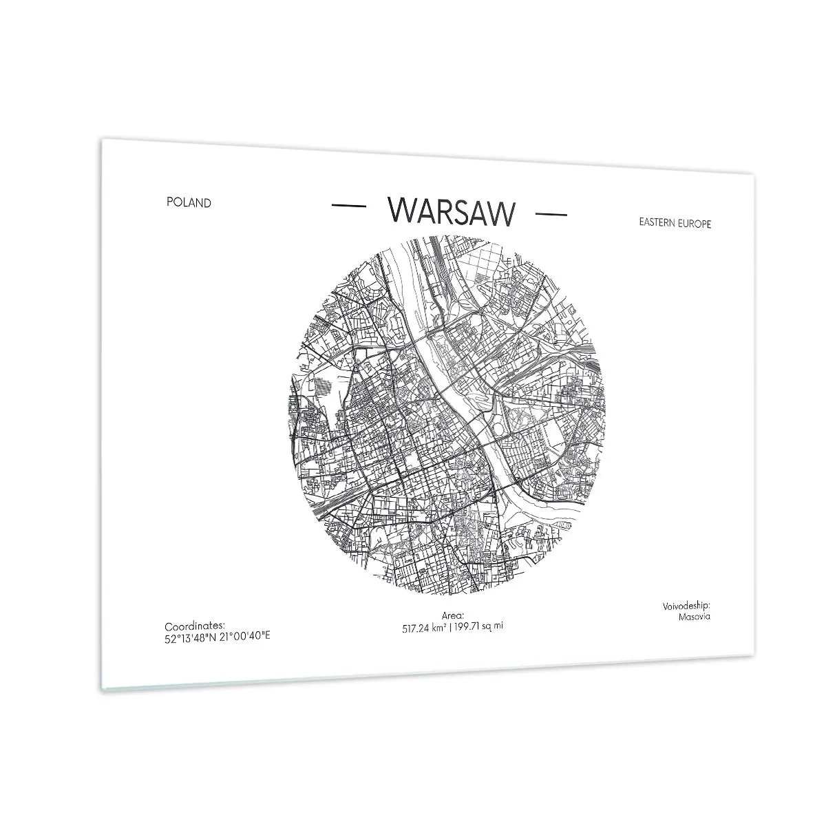 Cuadro sobre vidrio - Impresiones sobre Vidrio - Mapa de Varsovia en forma de ilustración gráfica - 70x50cm - Anatomía de Varsovia - Decoración de pared moderna para salón y dormitorio ARTTOR