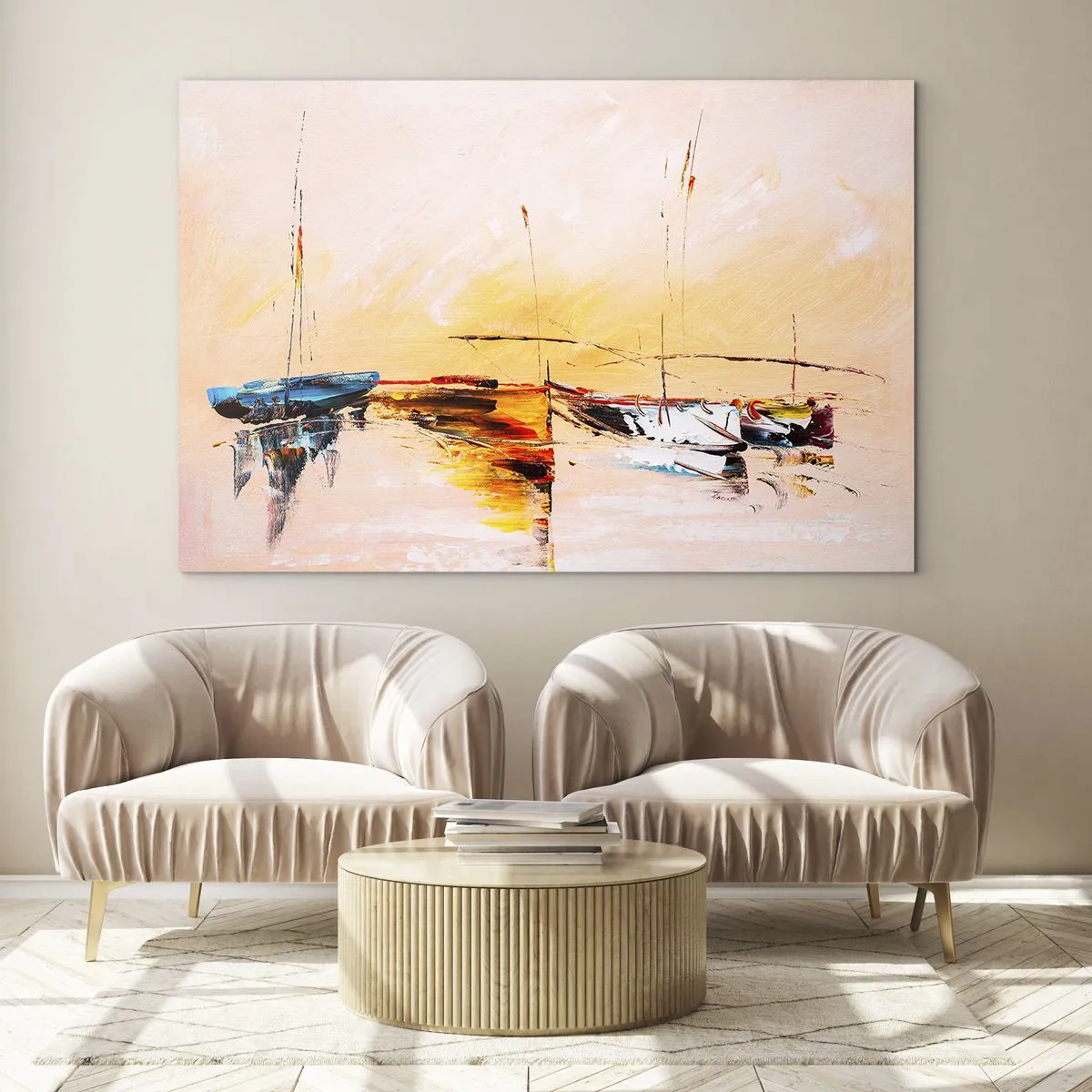 Cuadro sobre vidrio - Impresiones sobre Vidrio - Barcos coloridos amarrados contra un fondo de puesta de sol impresionista - 120x80cm - Atardecer en el puerto deportivo - Decoración de pared moderna para salón y dormitorio ARTTOR