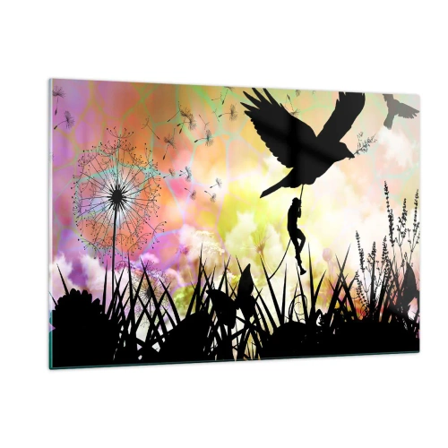 Cuadro sobre vidrio - Impresiones sobre Vidrio - Ilustración de una figura trepando un pájaro sobre un fondo de flores de colores. - 120x80cm - En un ambiente de cuento de hadas - Decoración de pared moderna para salón y dormitorio ARTTOR
