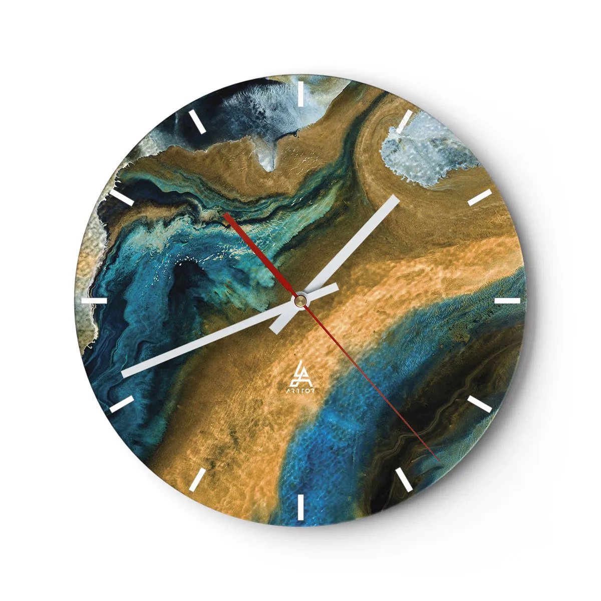 Reloj de pared - Reloj de vidrio - Patrón abstracto en tonos azules y dorados. - 30x30cm - Azul - amarillo - influencia mutua - Decoración de pared moderna para salón, cocina y dormitorio ARTTOR